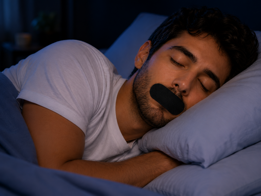 Man sleeping through the night wearing Aerwell mouth tape