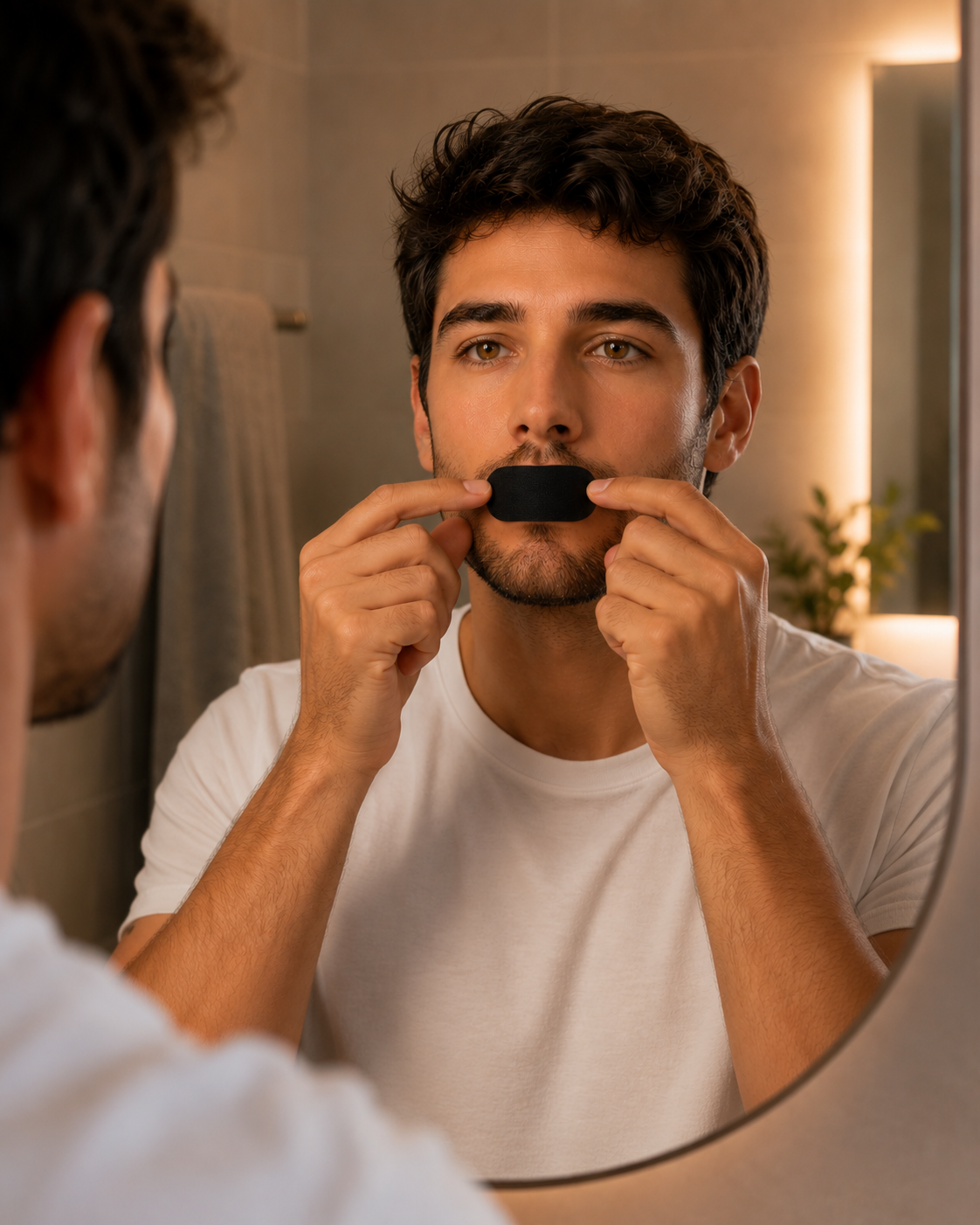 Applying Aerwell mouth tape at the bathroom mirror before bed